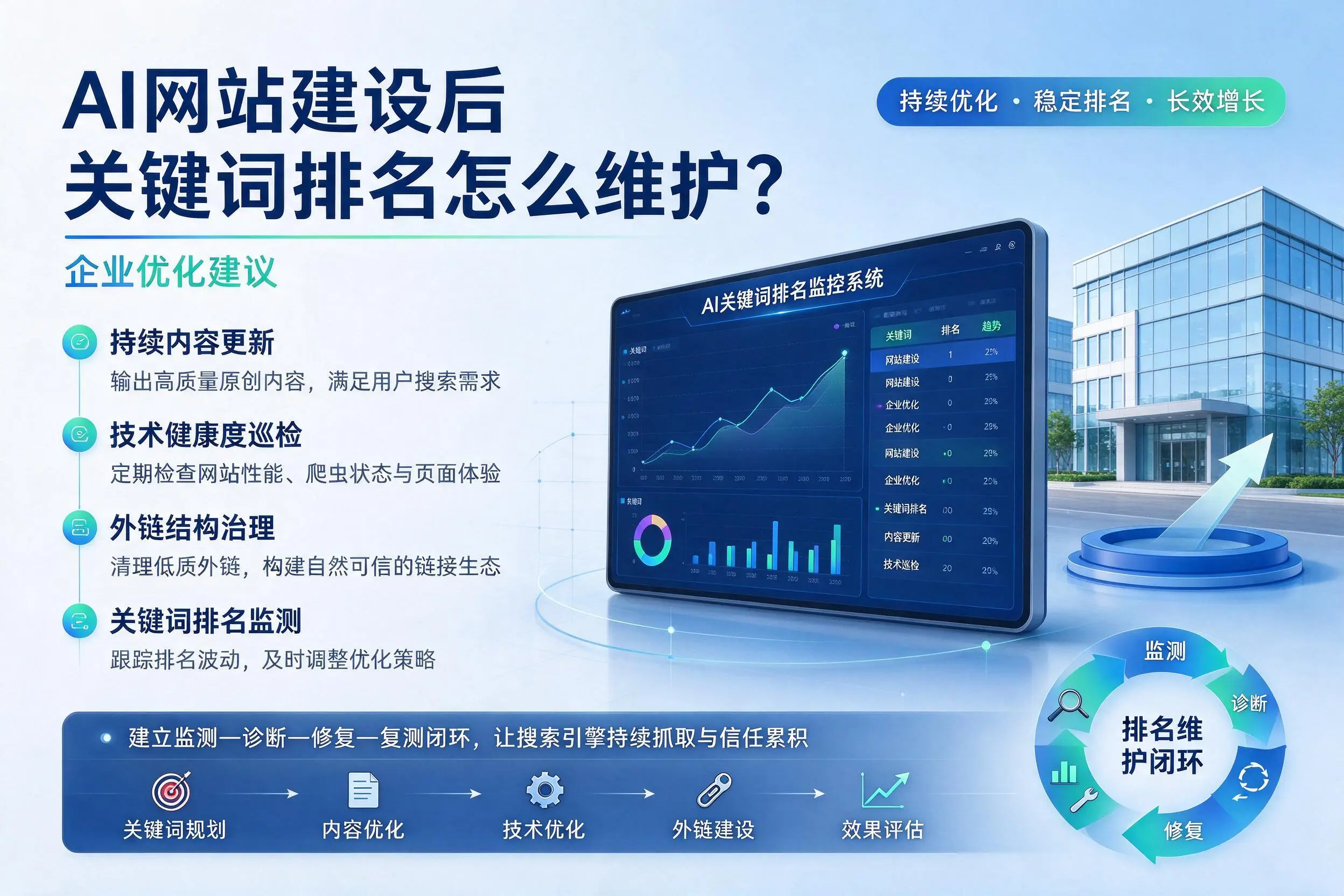 AI网站建设后关键词排名怎么维护?莆田企业优化建议
