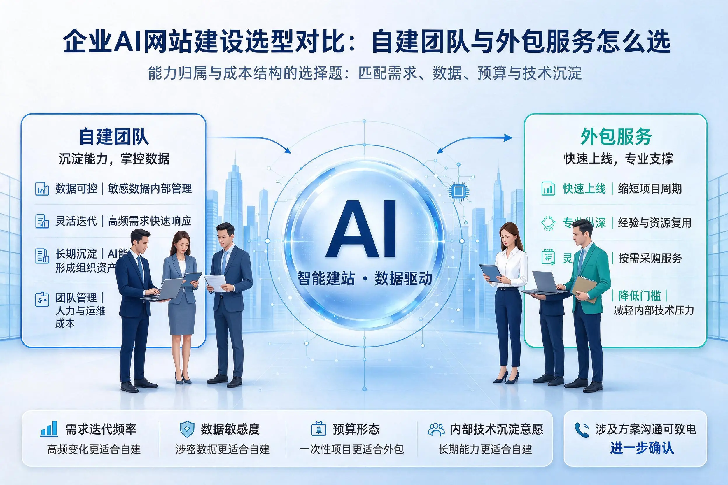 莆田企业AI网站建设选型对比:自建团队与外包服务怎么选